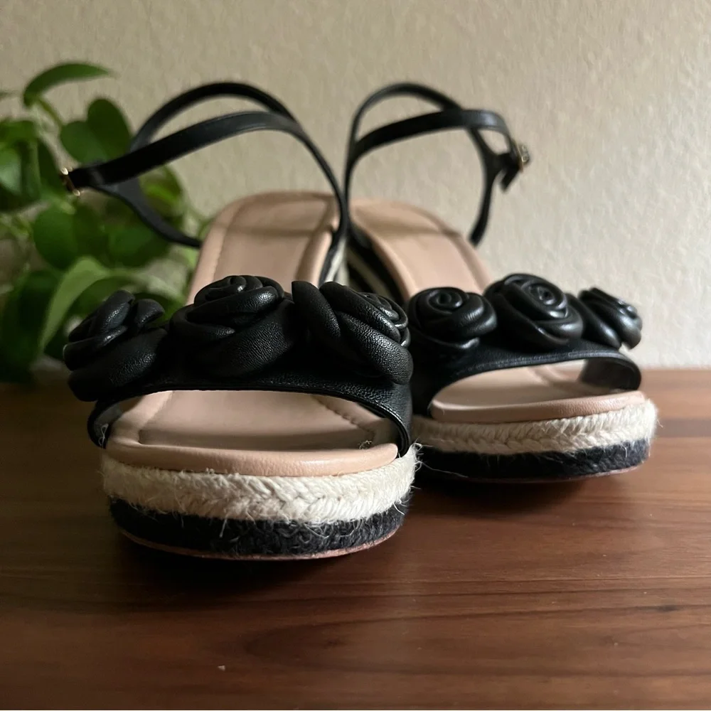 Kate Spade New York Jill Rosette Black Cream Espadrille Platform Wedge Sandals